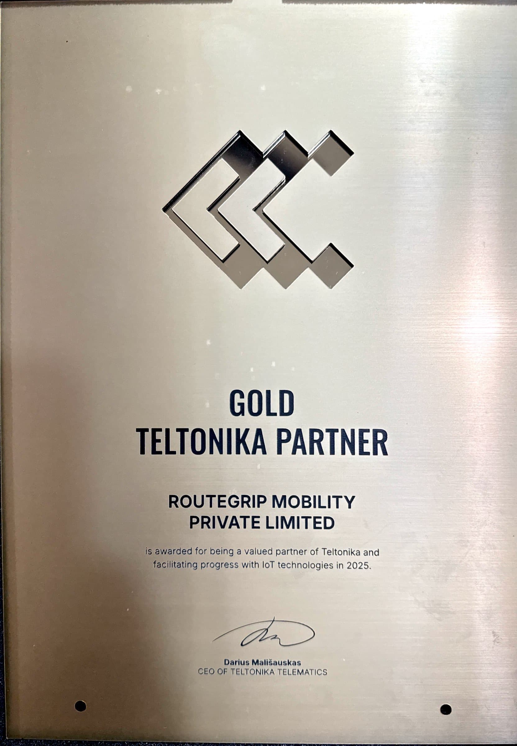 Gold Teltonika Partner certificate awarded to RouteGrip Mobility by Teltonika Telematics
